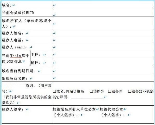 域名轉移申請表（例表）